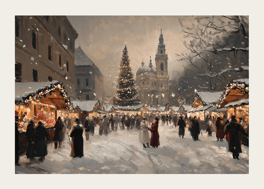 Egy nyüzsgő karácsonyi vásárt ábrázoló poszter a téli este varázslatos ragyogásában-12