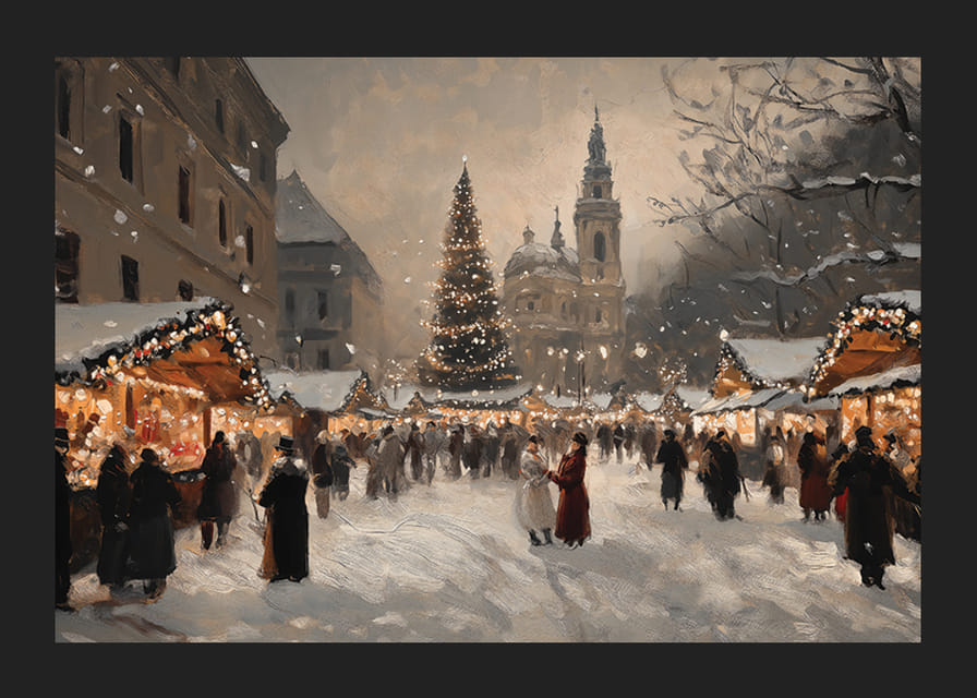 Egy nyüzsgő karácsonyi vásárt ábrázoló poszter a téli este varázslatos ragyogásában-12