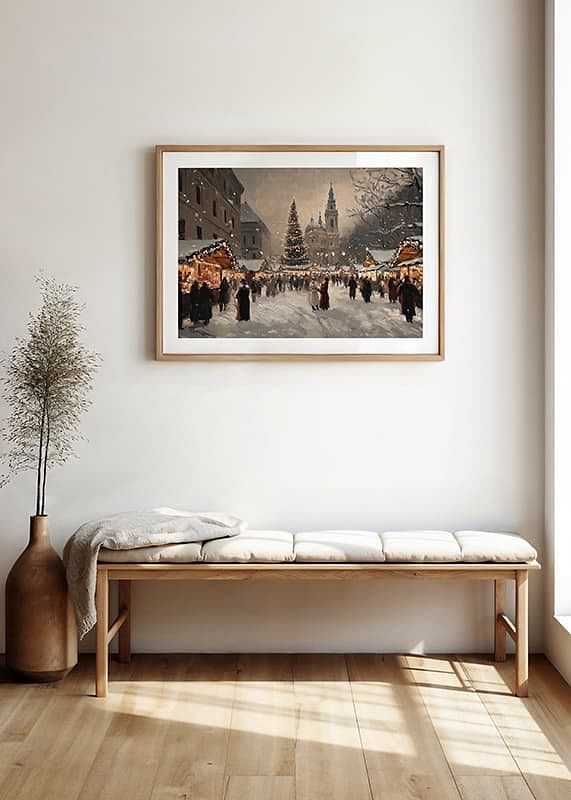 En plakat, der forestiller et livligt julemarked i en vinteraftens magiske skær-12