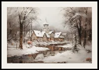 A poster showing a peaceful winter village with a church by a mirror-like stream-2