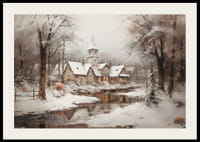 Une affiche montrant un paisible village d'hiver avec une église au bord d'un ruisseau en forme de miroir-2
