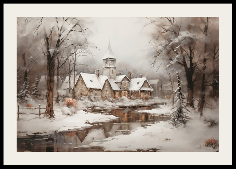 Une affiche montrant un paisible village d'hiver avec une église au bord d'un ruisseau en forme de miroir-12