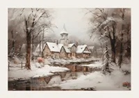 A poster showing a peaceful winter village with a church by a mirror-like stream-3