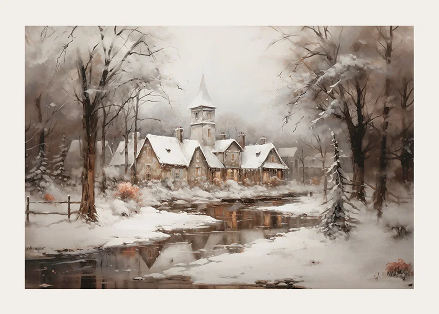 A poster showing a peaceful winter village with a church by a mirror-like stream-12