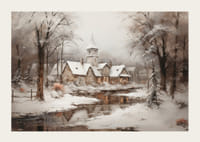 Une affiche montrant un paisible village d'hiver avec une église au bord d'un ruisseau en forme de miroir-3