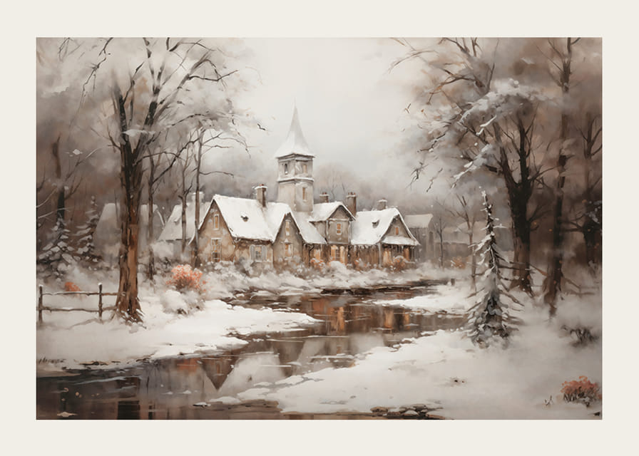 Une affiche montrant un paisible village d'hiver avec une église au bord d'un ruisseau en forme de miroir-12
