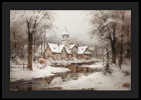 A poster showing a peaceful winter village with a church by a mirror-like stream-4