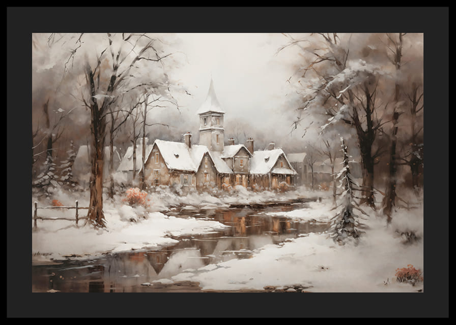 Une affiche montrant un paisible village d'hiver avec une église au bord d'un ruisseau en forme de miroir-12