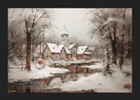 A poster showing a peaceful winter village with a church by a mirror-like stream-5