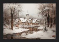 Une affiche montrant un paisible village d'hiver avec une église au bord d'un ruisseau en forme de miroir-5