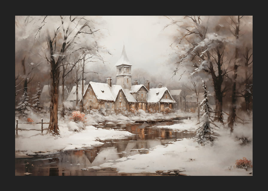 Une affiche montrant un paisible village d'hiver avec une église au bord d'un ruisseau en forme de miroir-12