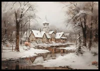 A poster showing a peaceful winter village with a church by a mirror-like stream-6
