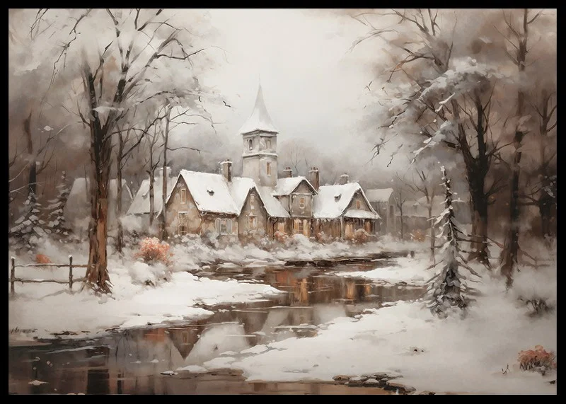 A poster showing a peaceful winter village with a church by a mirror-like stream-12