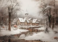 A poster showing a peaceful winter village with a church by a mirror-like stream-7