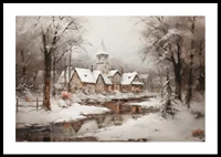 A poster showing a peaceful winter village with a church by a mirror-like stream-0