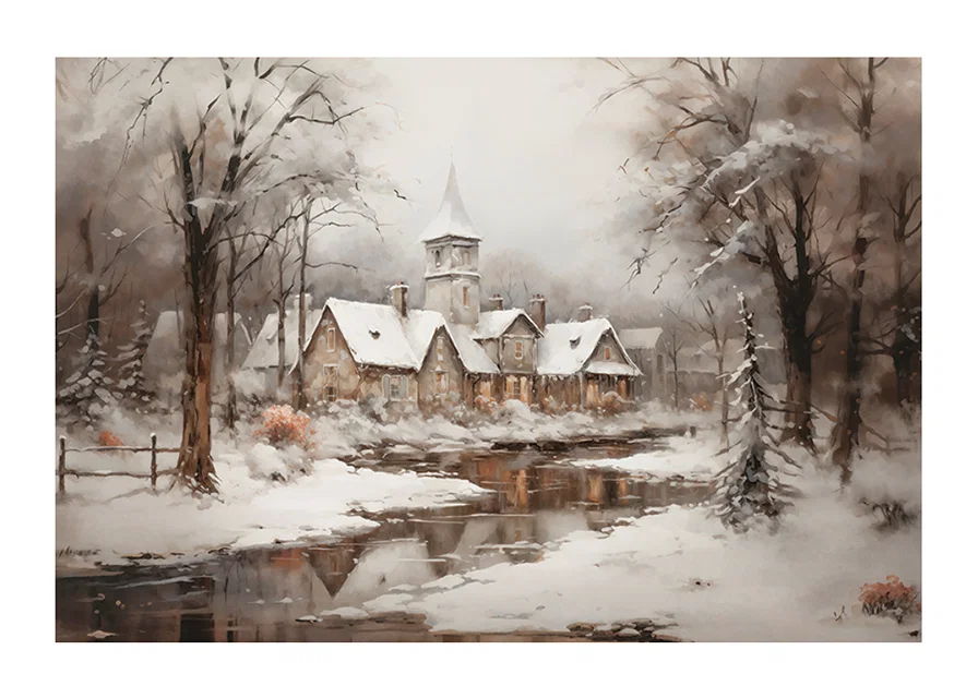 A poster showing a peaceful winter village with a church by a mirror-like stream-12