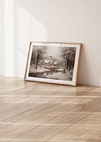 A poster showing a peaceful winter village with a church by a mirror-like stream-8