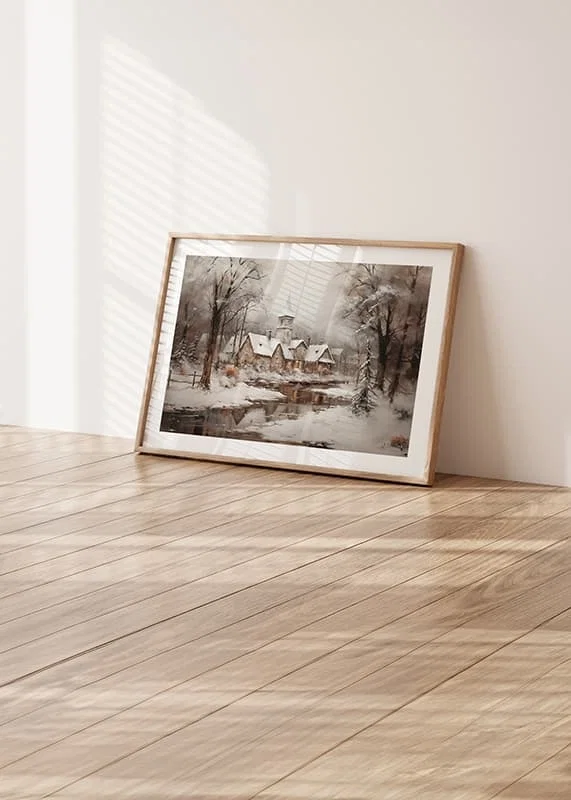 A poster showing a peaceful winter village with a church by a mirror-like stream-12