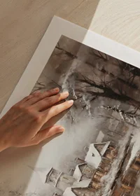 A poster showing a peaceful winter village with a church by a mirror-like stream-9
