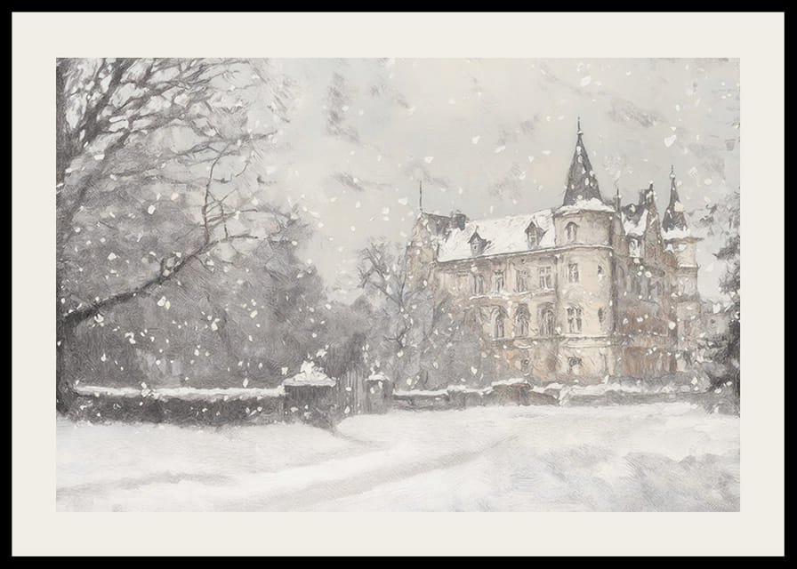 En plakat som fanger et storslått slott i mykt snøfall-12
