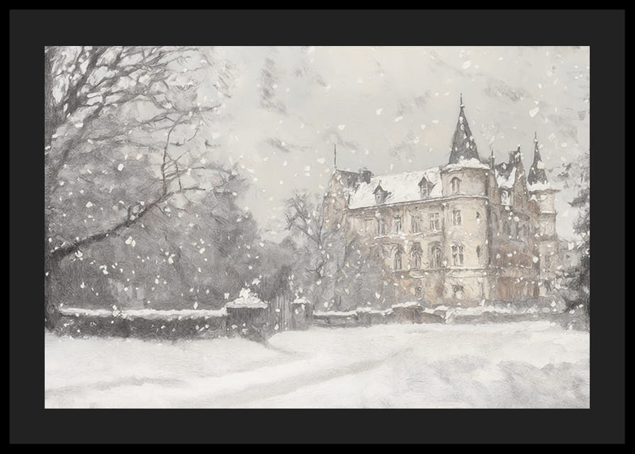 En plakat som fanger et storslått slott i mykt snøfall-12