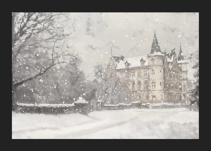 En plakat som fanger et storslått slott i mykt snøfall-12