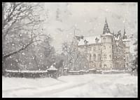 A poster capturing a grand castle in soft snowfall-2