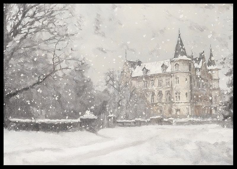 A poster capturing a grand castle in soft snowfall-12
