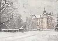 A poster capturing a grand castle in soft snowfall-3