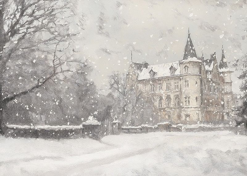 A poster capturing a grand castle in soft snowfall-12