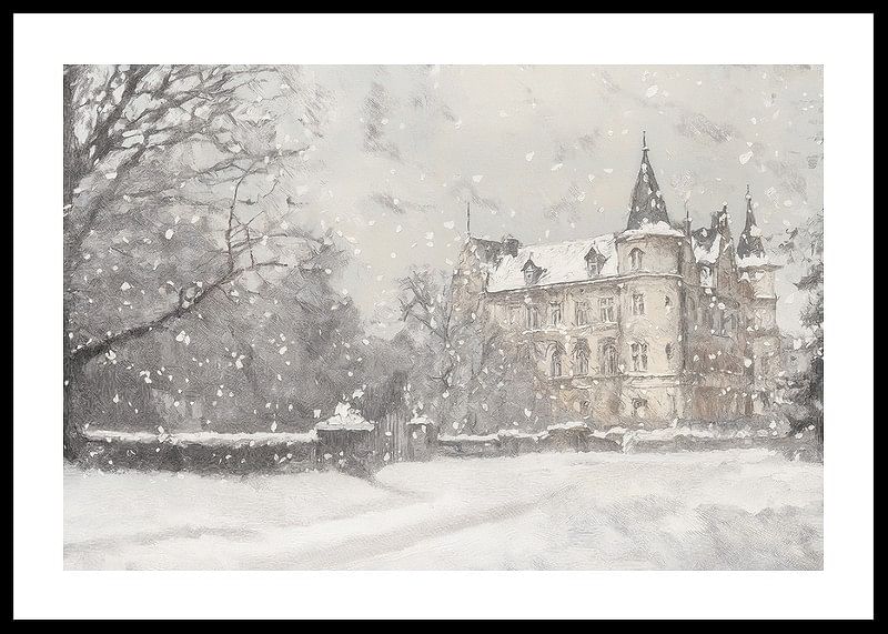 A poster capturing a grand castle in soft snowfall-12
