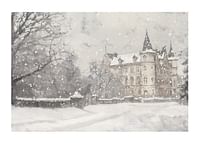 A poster capturing a grand castle in soft snowfall-1