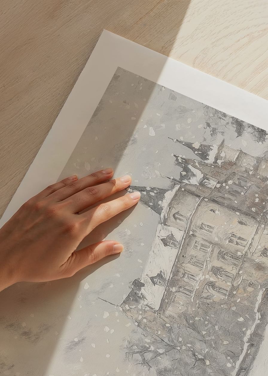 A poster capturing a grand castle in soft snowfall-12