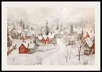 A poster showing an idyllic winter village with red cottages -2