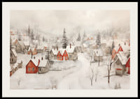 Ein Poster, das ein idyllisches Winterdorf mit roten Hütten zeigt -2