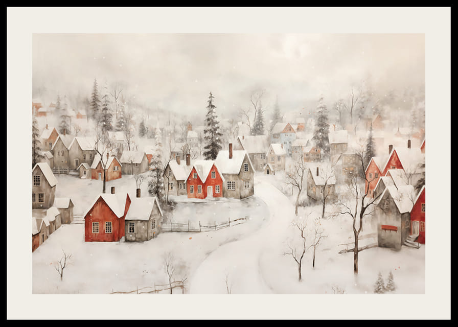 Ein Poster, das ein idyllisches Winterdorf mit roten Hütten zeigt -12