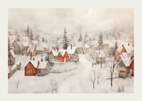 Ein Poster, das ein idyllisches Winterdorf mit roten Hütten zeigt -3