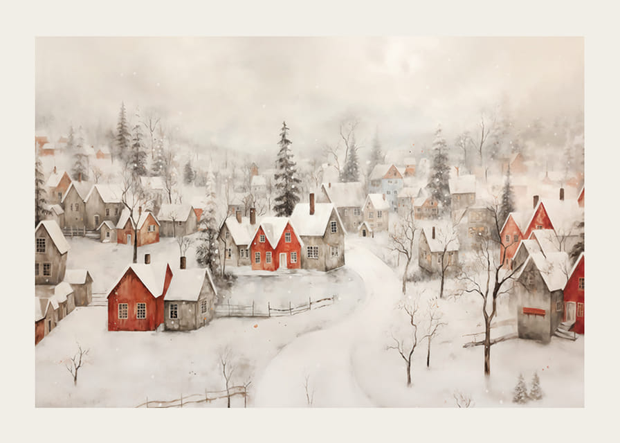 Ein Poster, das ein idyllisches Winterdorf mit roten Hütten zeigt -12