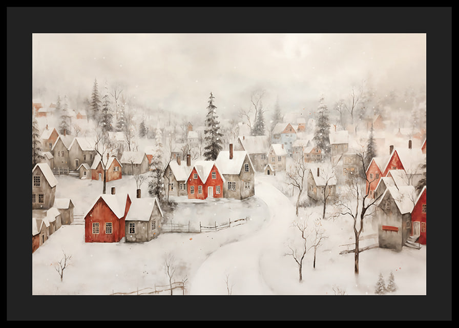 A poster showing an idyllic winter village with red cottages -12