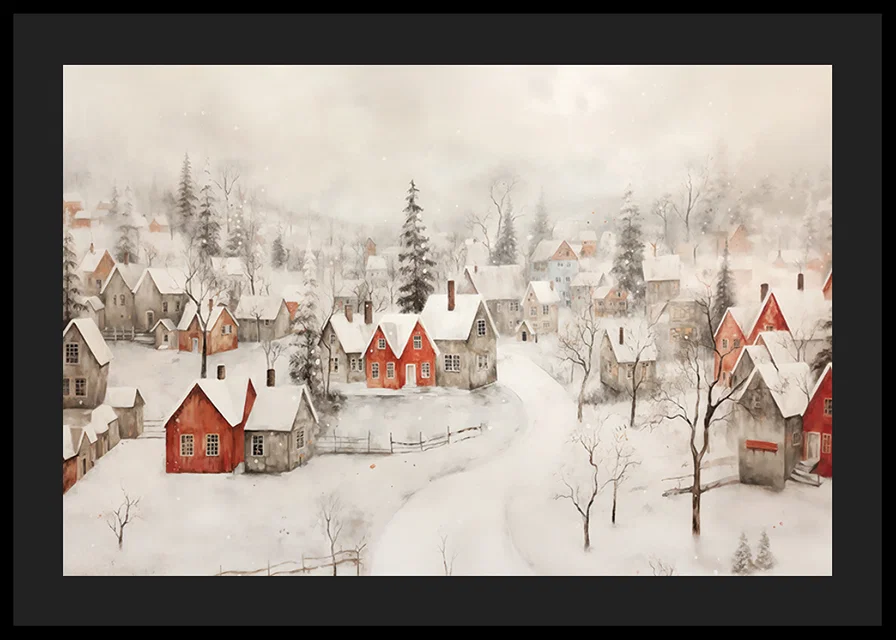 A poster showing an idyllic winter village with red cottages -12