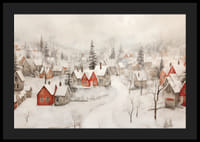 Ein Poster, das ein idyllisches Winterdorf mit roten Hütten zeigt -4