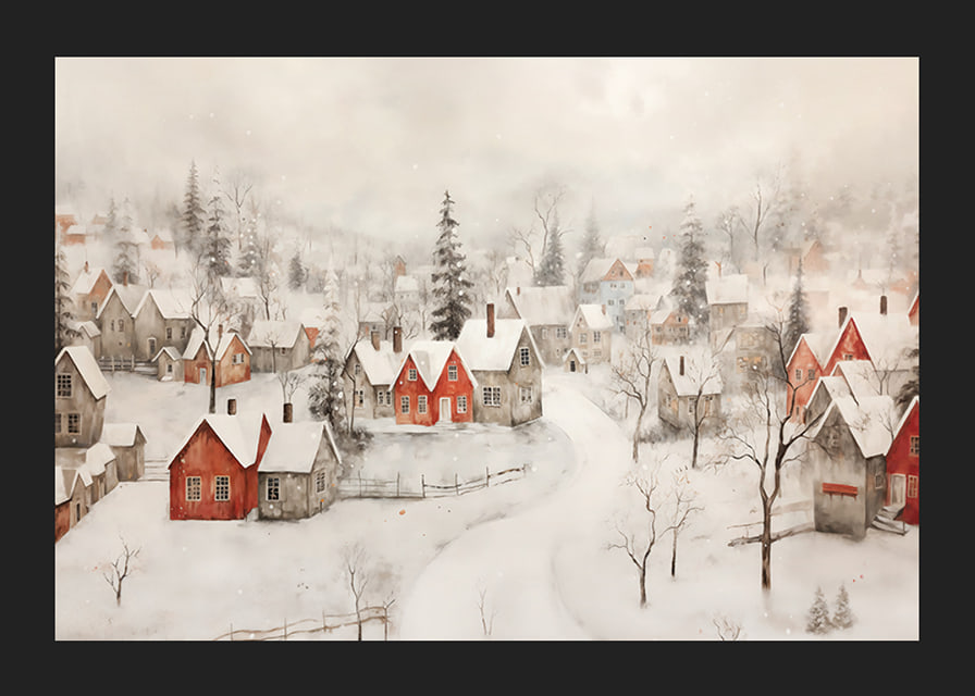 A poster showing an idyllic winter village with red cottages -12