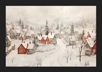 A poster showing an idyllic winter village with red cottages -5