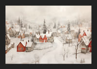 Ein Poster, das ein idyllisches Winterdorf mit roten Hütten zeigt -5
