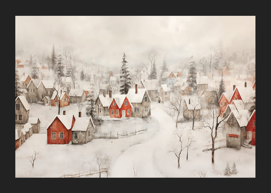 Ein Poster, das ein idyllisches Winterdorf mit roten Hütten zeigt -12