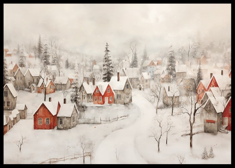 A poster showing an idyllic winter village with red cottages -12