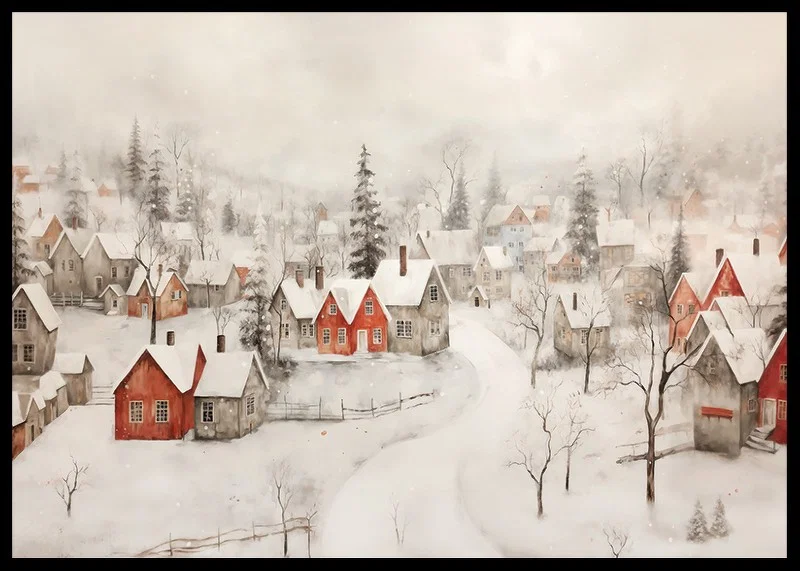 A poster showing an idyllic winter village with red cottages -12