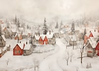 A poster showing an idyllic winter village with red cottages -7