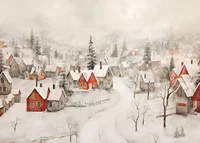 A poster showing an idyllic winter village with red cottages -7