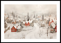 A poster showing an idyllic winter village with red cottages -0